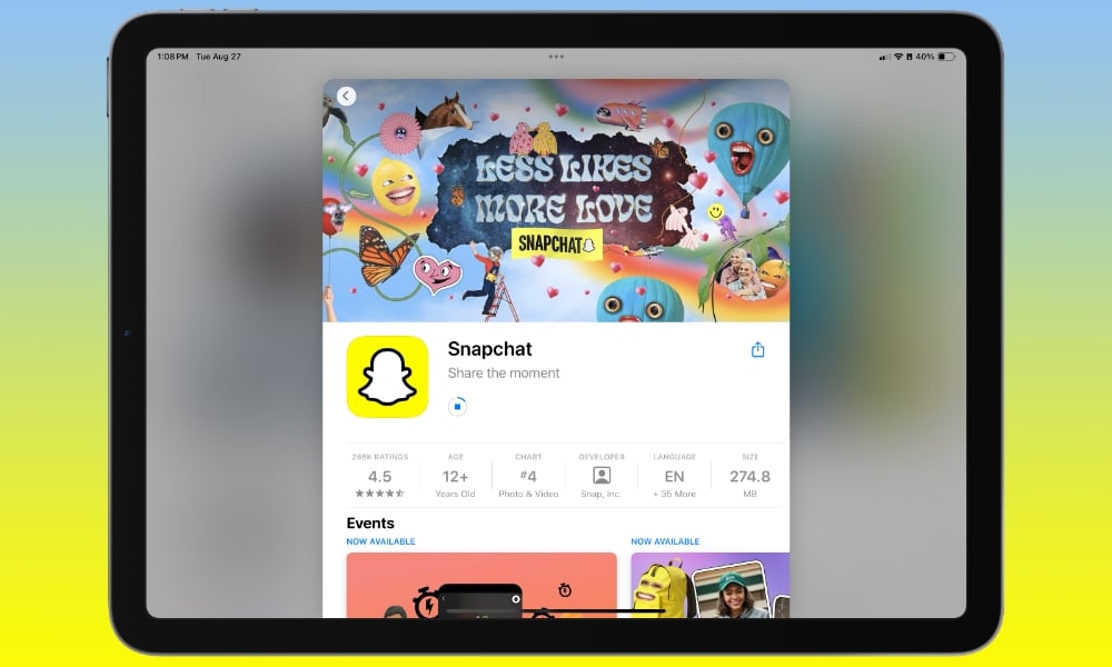 iPadOS Snapchat
Snapchat sur tablette