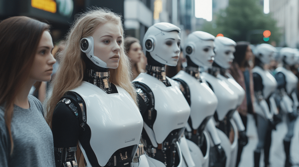 Une femme immitant les comportements d'un robot