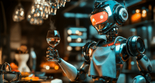 un chef cuisinier robot aux couleurs futuristes en tablier de cuisine, verre de vin à la main