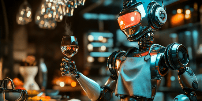 un chef cuisinier robot aux couleurs futuristes en tablier de cuisine, verre de vin à la main