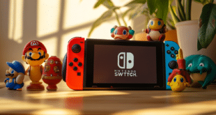 Nintendo Switch 2 posé à côté de plusieurs figurines Amiibo