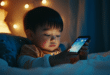 Un enfant dans son lit qui joue au téléphone